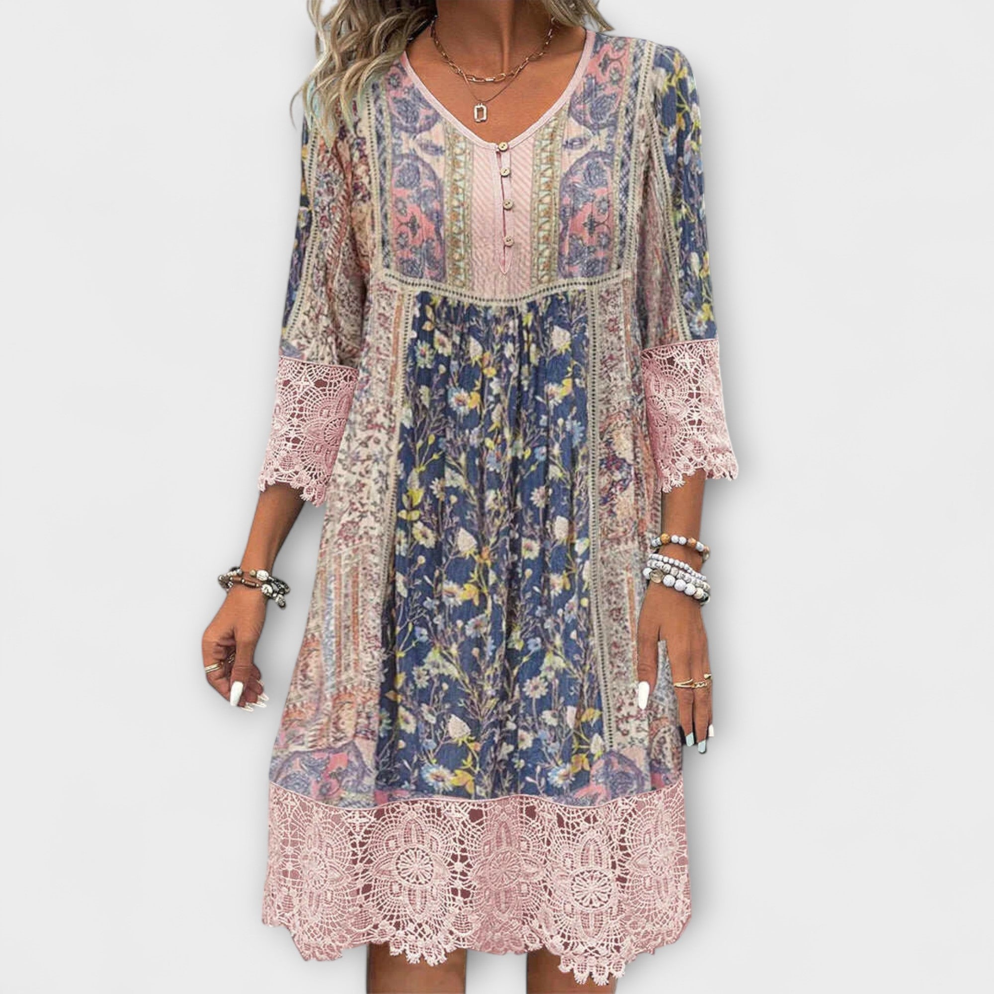 Casey - Boho Dress with Lace and Vintage Floral Pattern