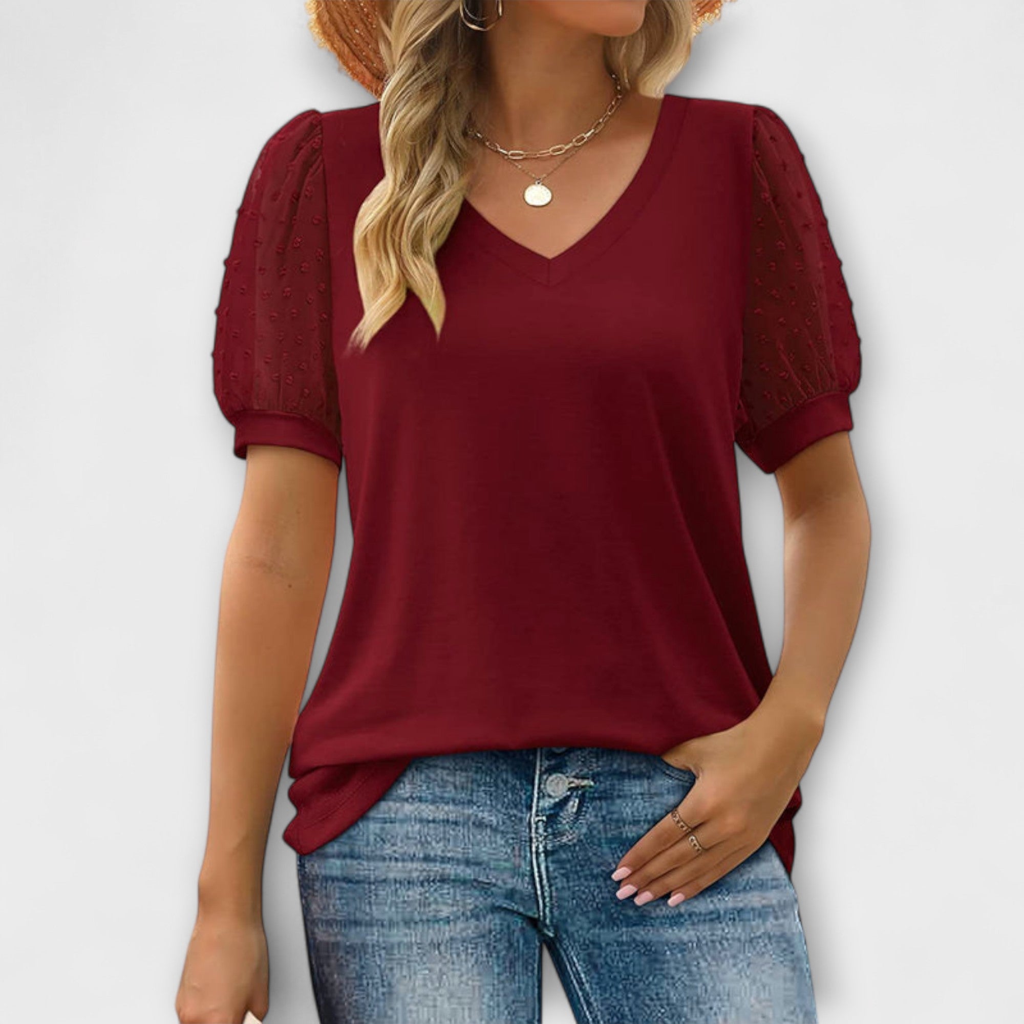 Rema - V-Neck Top with Transparent Sleeves
