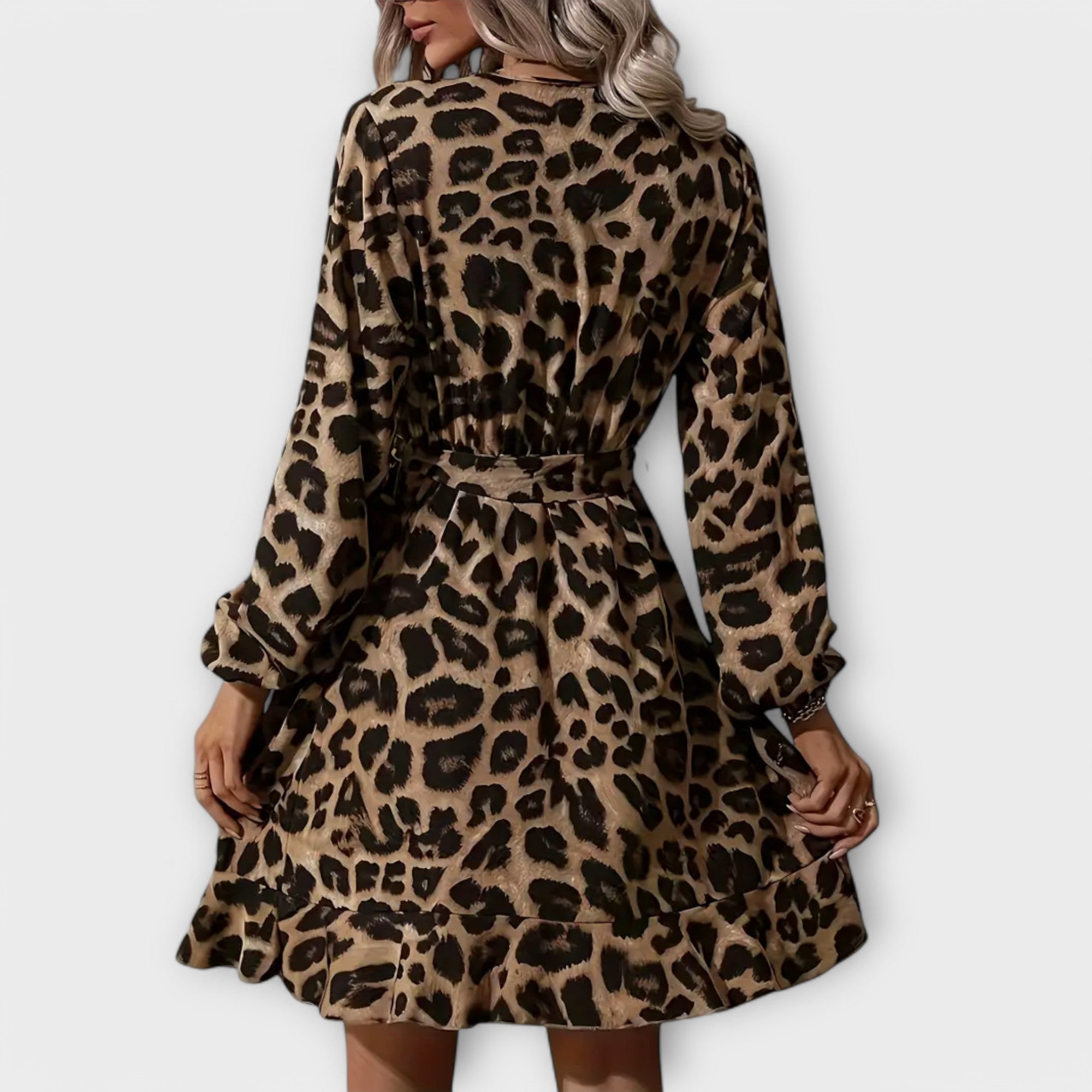 Stylish Dress with Leopard Print, V-Neck, and Tie Belt