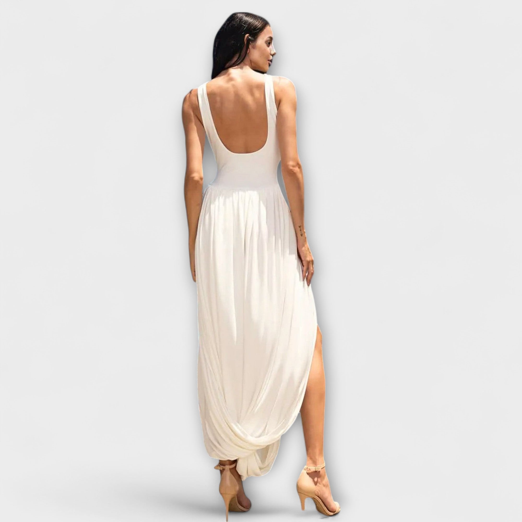 Draped Maxi Dress with Sculptural Skirt and Side Slit