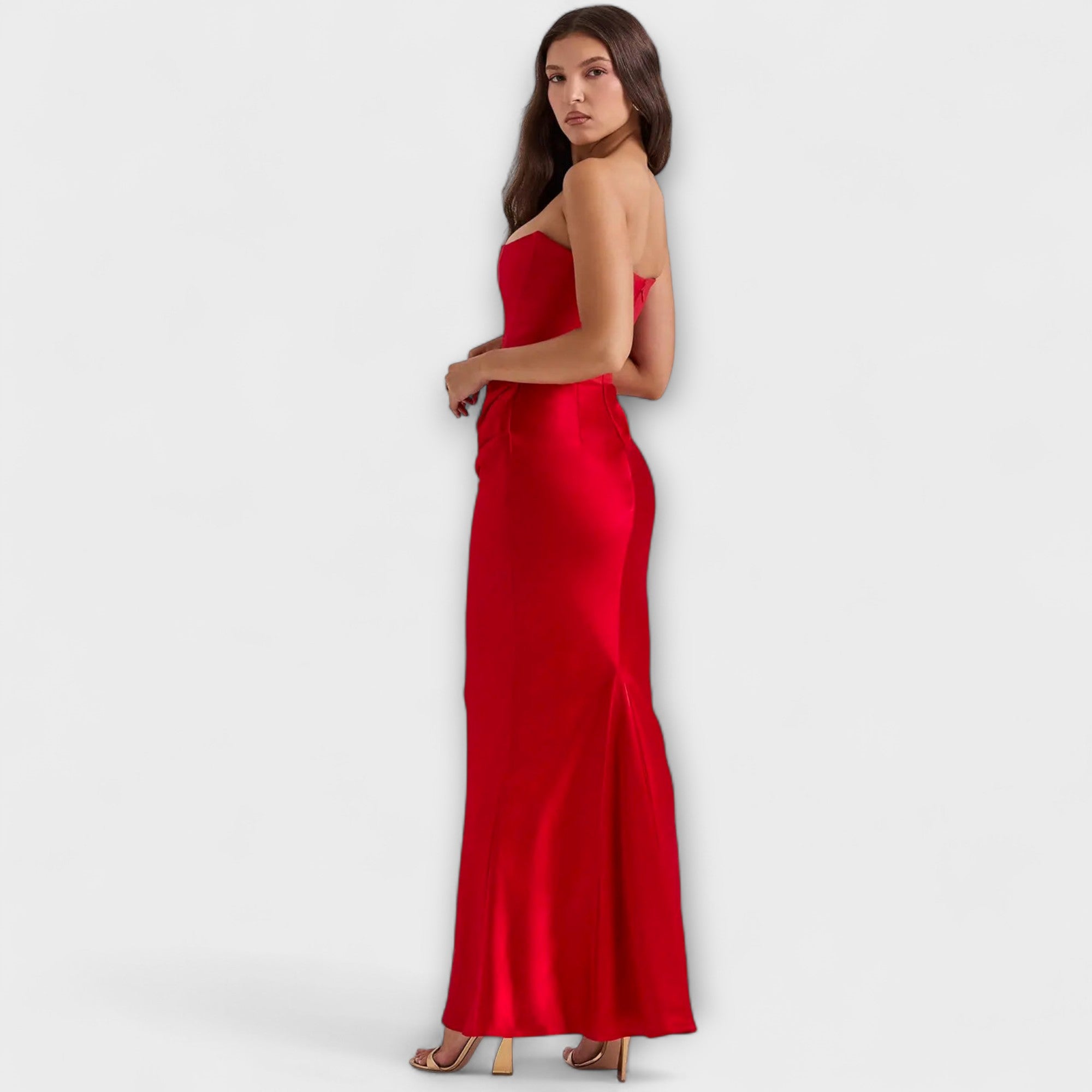 Off-Shoulder Satin Maxi Dress with Draping