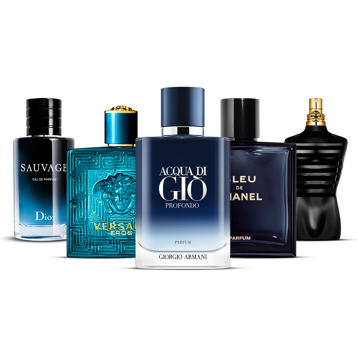 Combination of 5 Men's Fragrances – Sauvage, Versace Eros, Acqua di Giò Profondo, Bleu de Chanel, and Le Male [100 ml each]