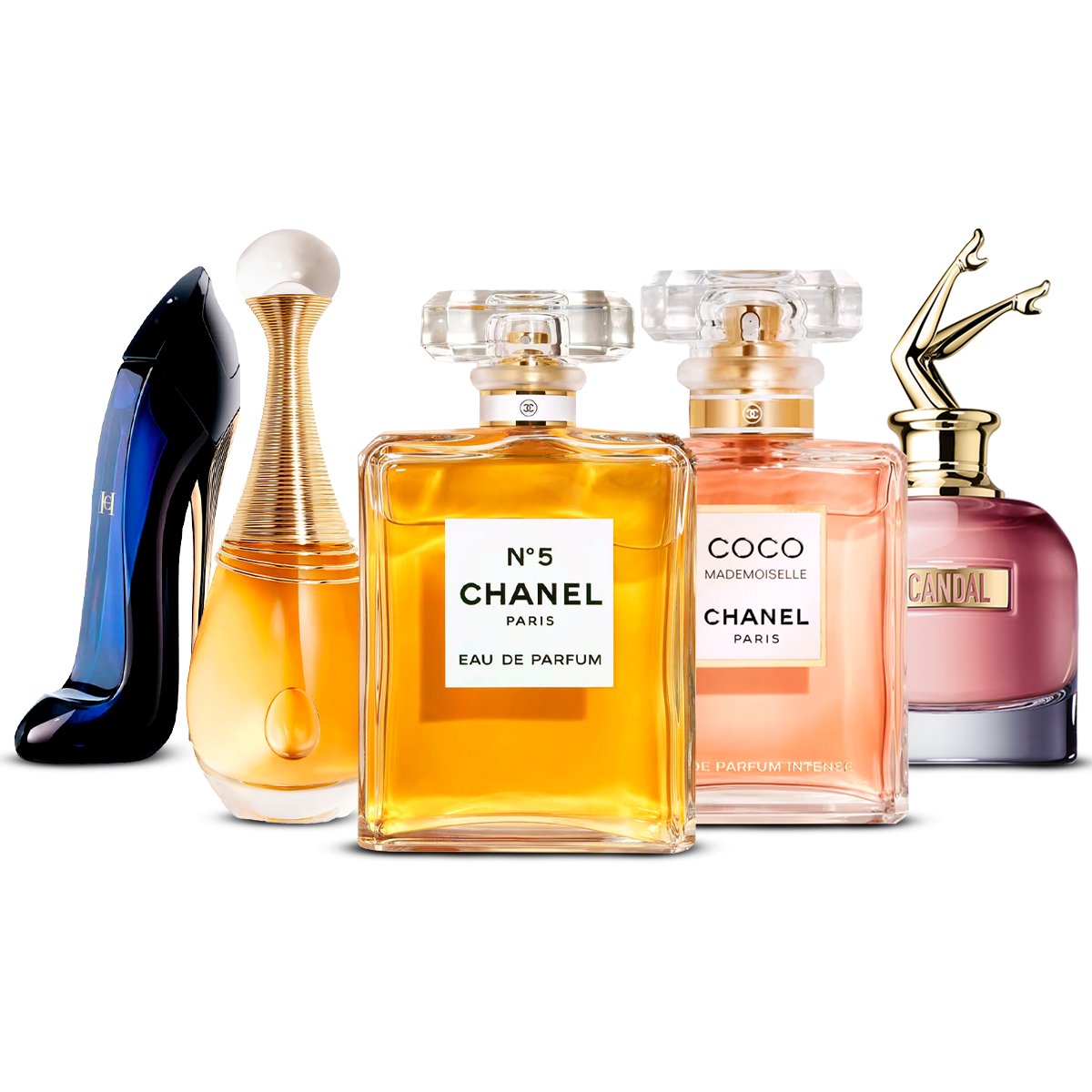 Combination of 5 Women's Fragrances – Good Girl, J'adore, Chanel No. 5, Coco Mademoiselle, and Scandal [each 100 ml]