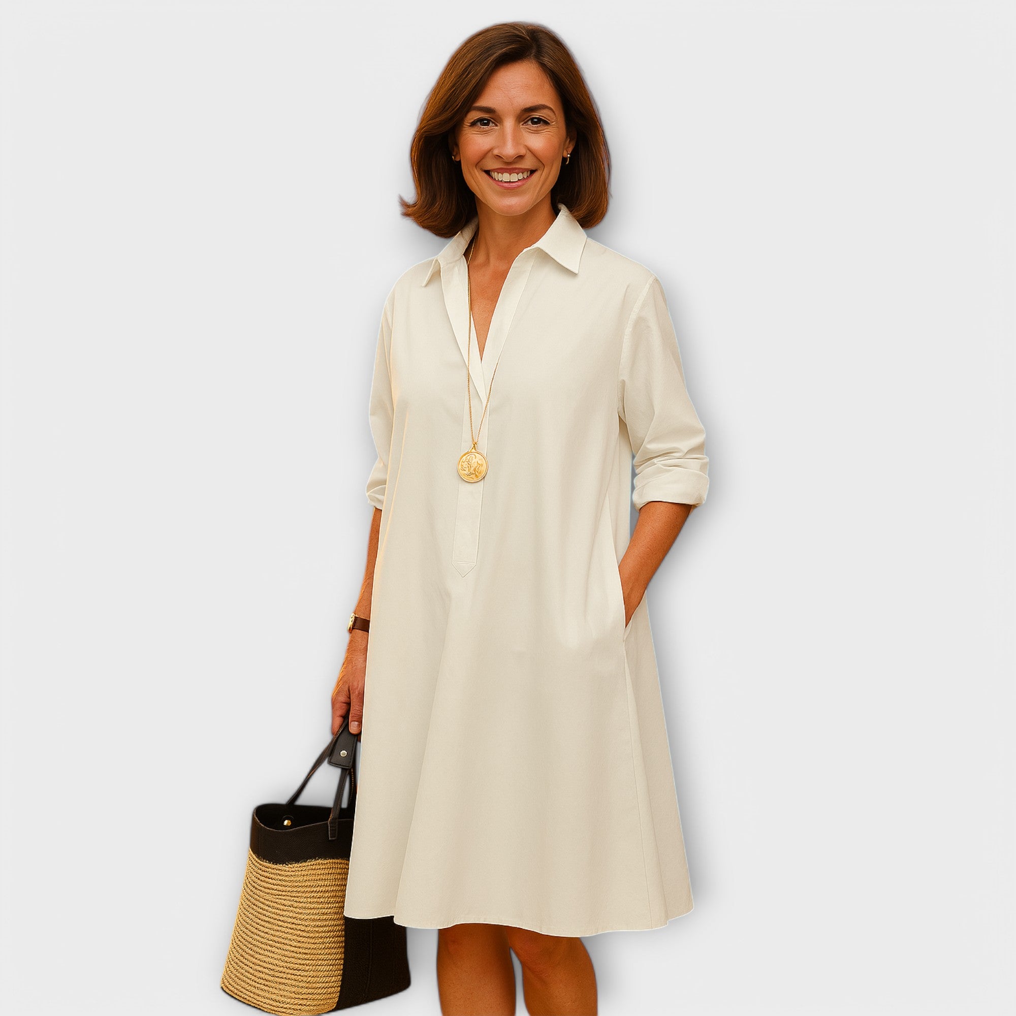 Modern Shirt Dress with Collar and Three-Quarter Sleeves