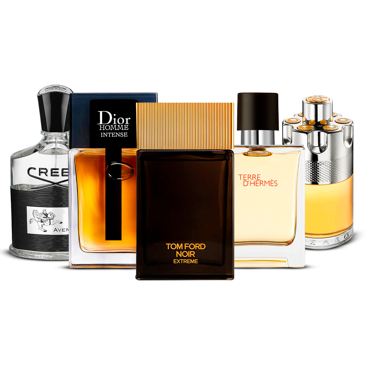 Combination of 5 Men's Fragrances – Creed Aventus, Dior Homme Intense, Tom Ford Noir Extreme, Terre d'Hermès, and Azzaro Wanted [each 100 ml]