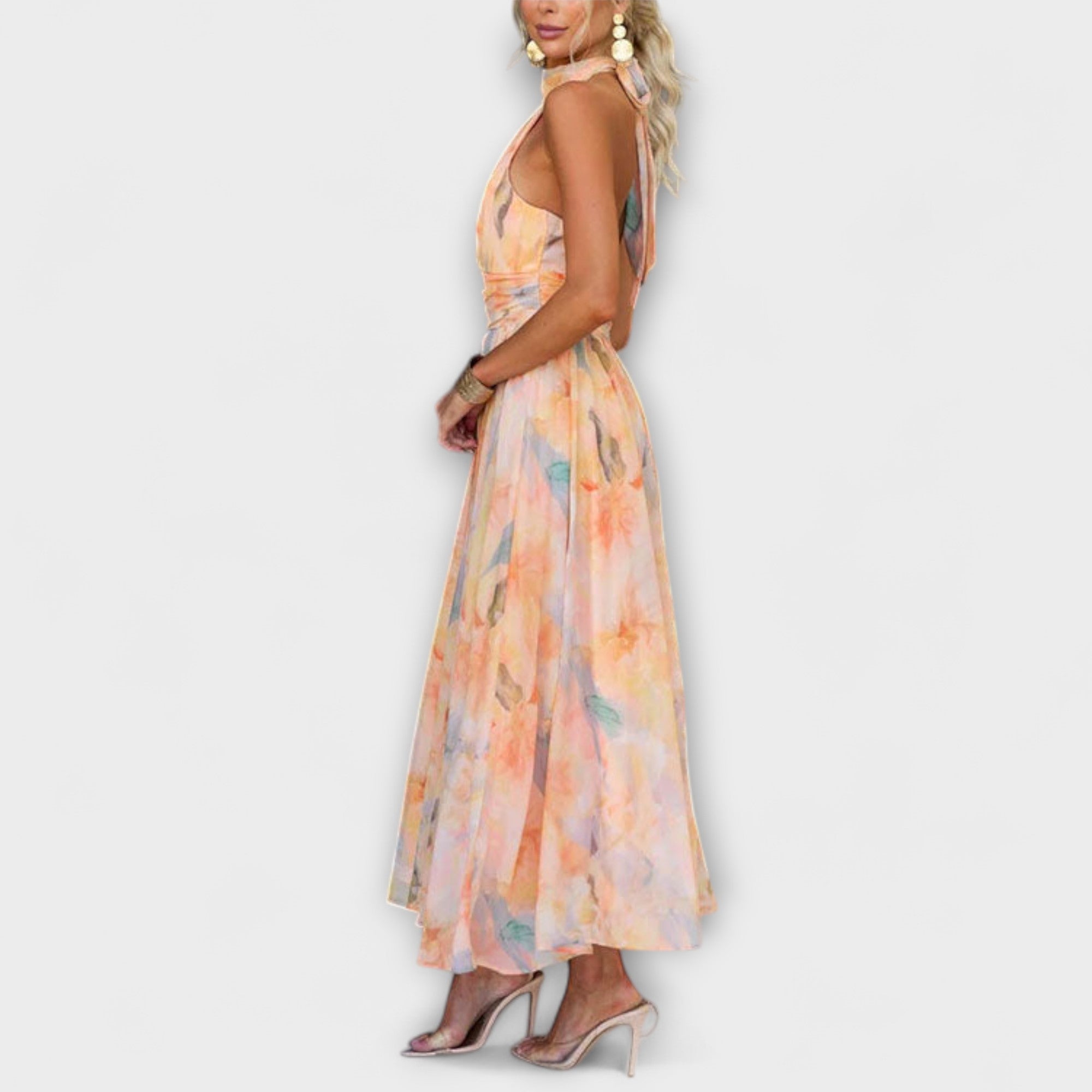 Halter Neck Watercolor Print Maxi Dress