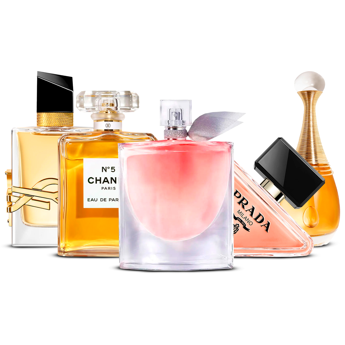 Combination of 5 Women's Fragrances – Yves Saint Laurent Libre, Chanel Nº5, La Vie Est Belle, Prada Paradoxe, and J'adore [100 ml each]