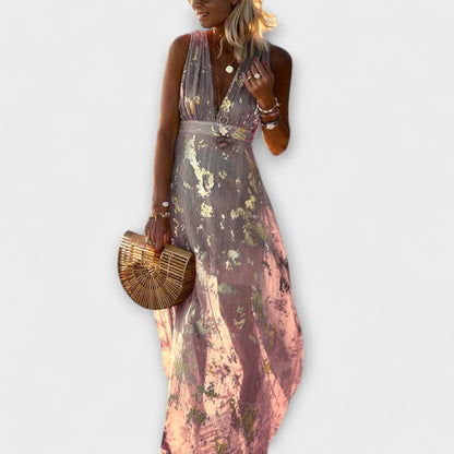 Flowing Dress with V-Neck and Sequin Details