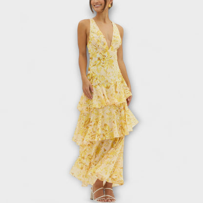 Domenica - Chiffon Dress with V-Neck and Flowing Layers